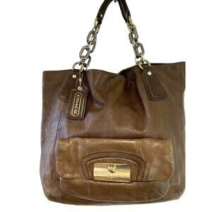 Y2K Coach Tote Bag Purse Brown Leather Kristin Gold Buckle Chain XL Hobo Bag